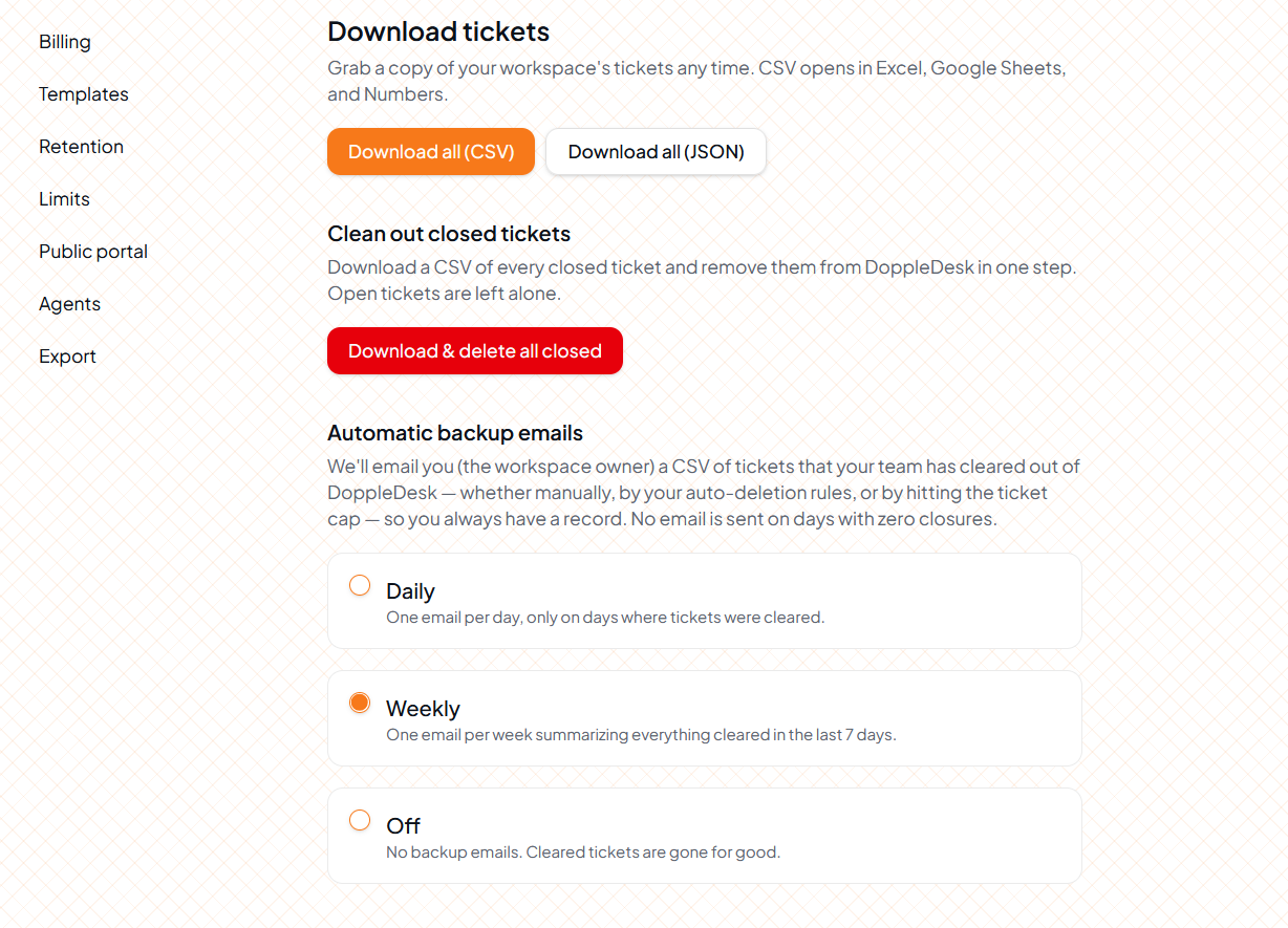 DoppleDesk export settings page with CSV and JSON download buttons, a clean-out closed tickets action, and automatic backup email frequency options