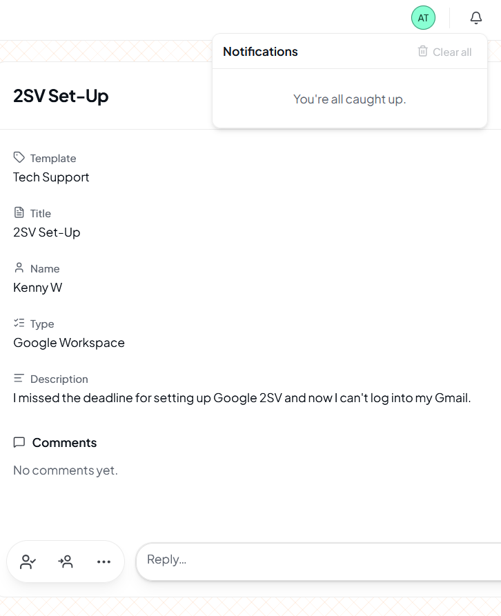 DoppleDesk notifications dropdown open on a ticket detail page showing an empty 'You're all caught up' state